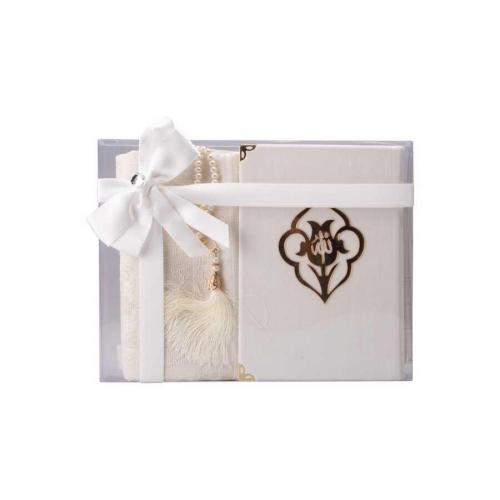 Kadife Güllü Hafız Boy Kuran-ı Kerim, Tesbih, Seccade Beyaz Set