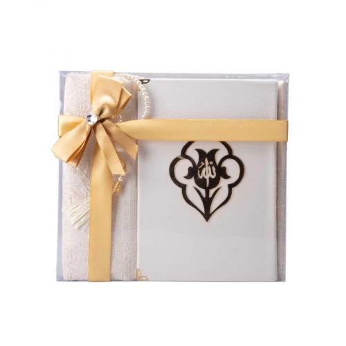 Kadife Güllü Orta Boy Kuran-ı Kerim, Tesbih, Seccade Beyaz Set