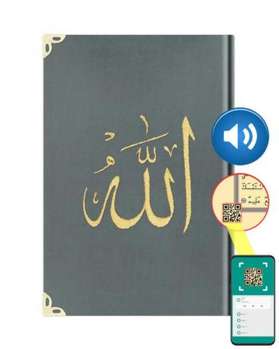 Rahle Boy Kadife Kur'an-ı Kerim (Koyu Gri, Nakışlı, Yaldızlı, Mühürlü)