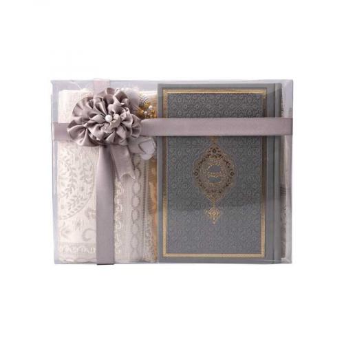 Termo Deri Hafız Boy Kuran-ı Kerim, Tesbih, Seccade Gri Set